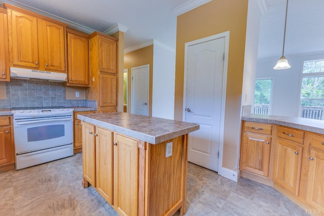 1121 Red Hill Rd, Big Island, VA 24526 - kitchen featuring white electric range, under cabinet range hood, crown molding, backsplash, and a kitchen island