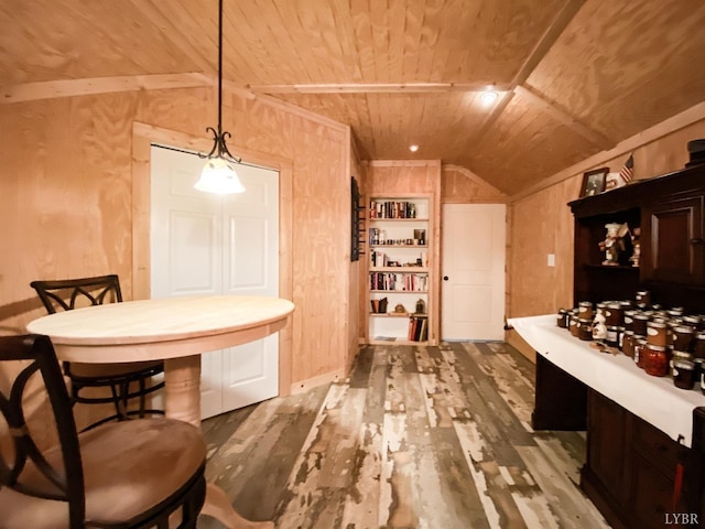 802 Lake Vista Dr, Forest, VA 24551 - dining room featuring wooden ceiling, lofted ceiling, wood finished floors, and wood walls