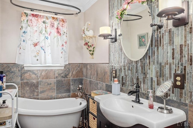 543 Dawnridge Dr, Lynchburg, VA 24502 - full bath featuring tile walls, a freestanding tub, vanity, and ornamental molding