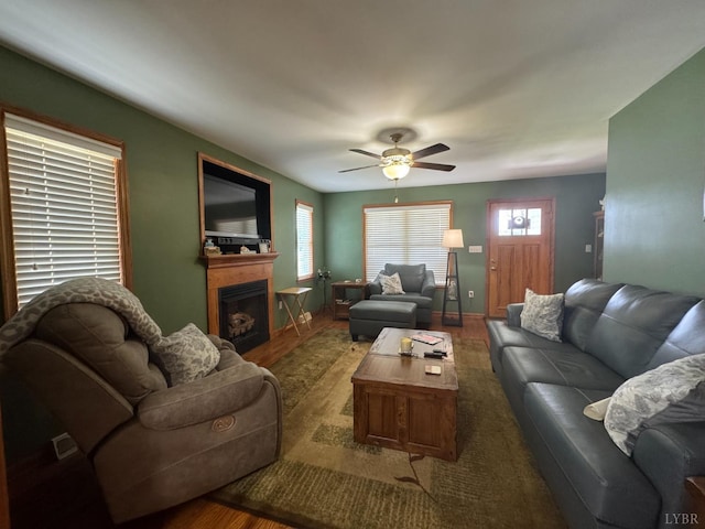 166 Dutch Ln, Appomattox, VA 24522 - living area with a fireplace, wood finished floors, plenty of natural light, and a ceiling fan