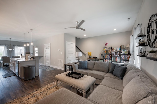 54 Allwell Rd, Lynchburg, VA 24502 - living area with dark wood finished floors, a ceiling fan, recessed lighting, and stairs
