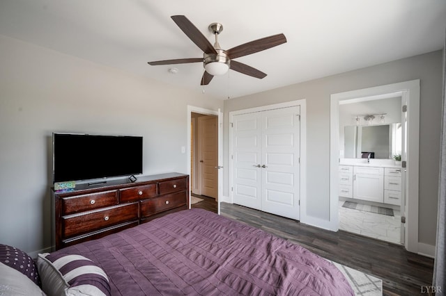 54 Allwell Rd, Lynchburg, VA 24502 - bedroom featuring dark wood-style floors, a closet, connected bathroom, and ceiling fan
