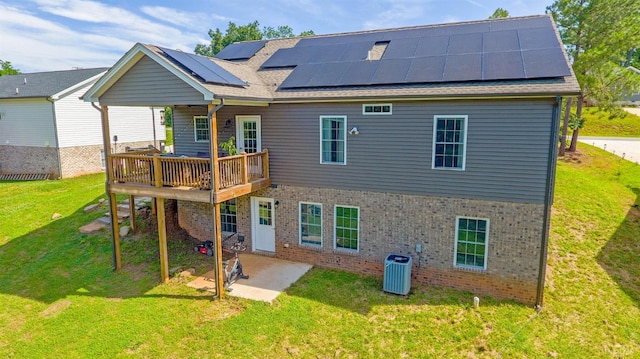 30 Patrick Ct, Madison Heights, VA 24572 - rear view of house featuring a patio, a lawn, brick siding, and solar panels