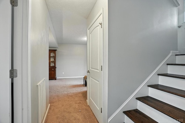 4086 Thomas Jefferson Rd, Forest, VA 24551 - staircase with carpet floors and a textured ceiling