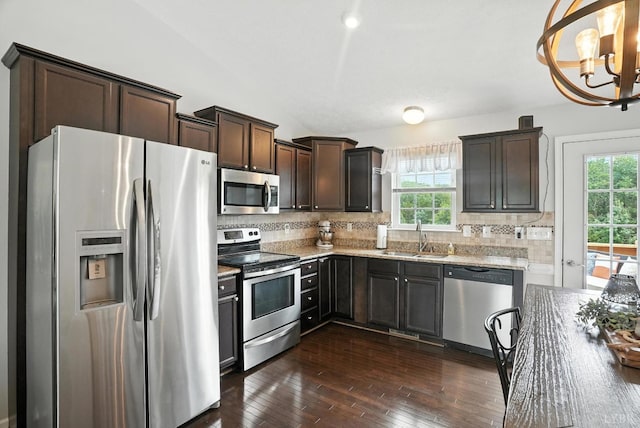 4086 Thomas Jefferson Rd, Forest, VA 24551 - kitchen with appliances with stainless steel finishes, dark brown cabinets, backsplash, and a chandelier