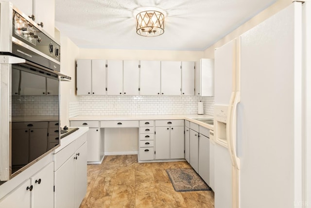 1853 Rainbow Forest Dr, Lynchburg, VA 24502 - kitchen featuring white fridge with ice dispenser, black oven, decorative backsplash, light countertops, and electric cooktop