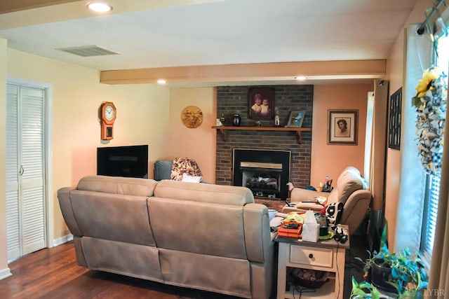 1769 Izaak Walton Rd, Madison Heights, VA 24572 - living area with dark wood-style floors, a brick fireplace, and recessed lighting