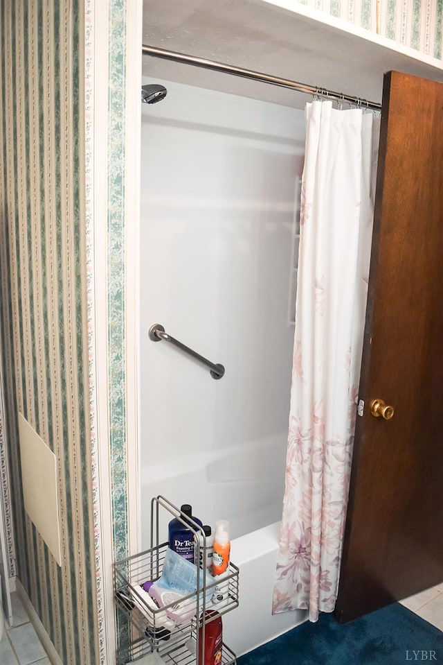 1769 Izaak Walton Rd, Madison Heights, VA 24572 - bathroom with shower / tub combo, tile patterned flooring, and wallpapered walls