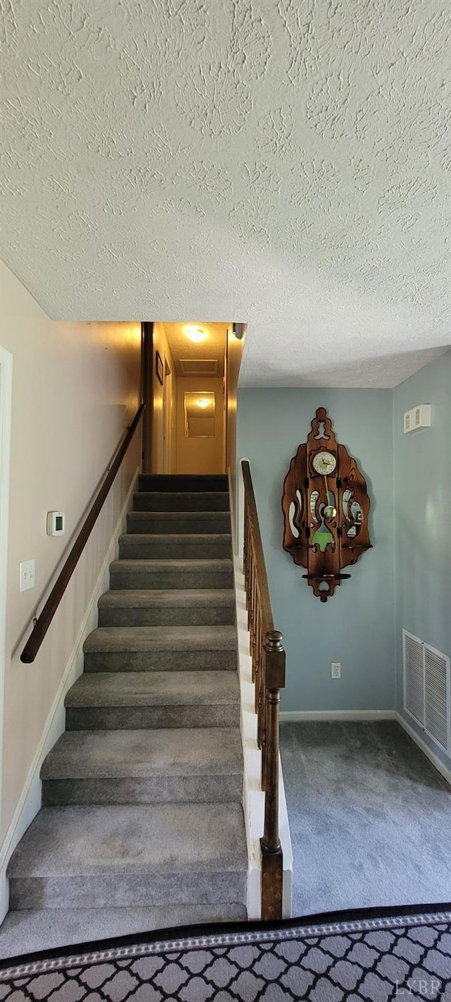 1769 Izaak Walton Rd, Madison Heights, VA 24572 - stairway with a textured ceiling and carpet floors