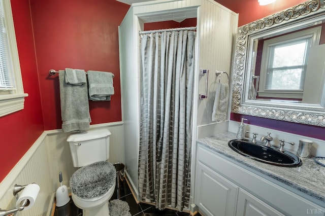 2833 Link Rd, Lynchburg, VA 24503 - bathroom with wainscoting, vanity, a shower with shower curtain, and tile patterned floors