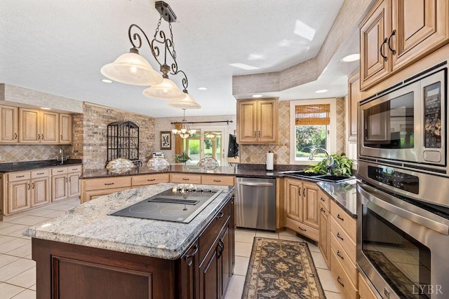 112 Haines Point Ter, Forest, VA 24551 - kitchen with stainless steel appliances, light tile patterned floors, a peninsula, decorative backsplash, and a textured ceiling