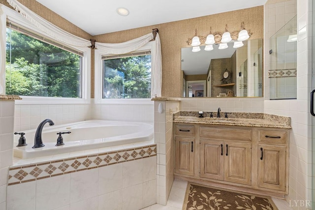 112 Haines Point Ter, Forest, VA 24551 - bathroom with a garden tub, vanity, tile patterned floors, and a tile shower
