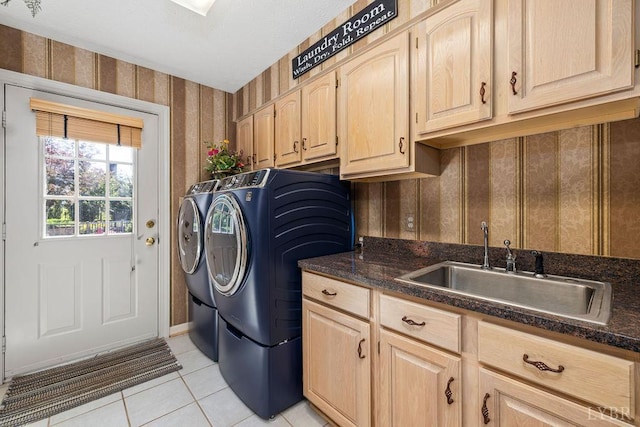 112 Haines Point Ter, Forest, VA 24551 - laundry area with washing machine and clothes dryer, light tile patterned floors, cabinet space, and wallpapered walls
