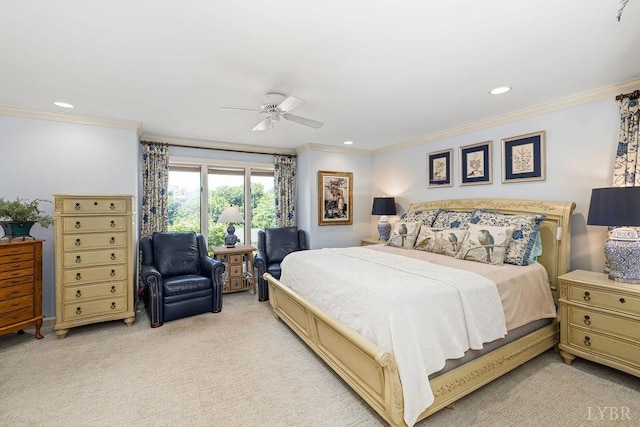 112 Haines Point Ter, Forest, VA 24551 - bedroom featuring ornamental molding, light carpet, recessed lighting, access to exterior, and a ceiling fan
