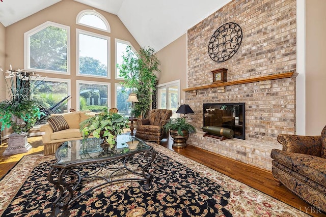 112 Haines Point Ter, Forest, VA 24551 - living room featuring hardwood / wood-style floors, high vaulted ceiling, and a fireplace