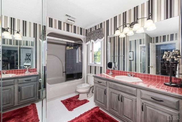 112 Haines Point Ter, Forest, VA 24551 - bathroom with wallpapered walls, vanity, tile patterned floors, a chandelier, and bathing tub / shower combination