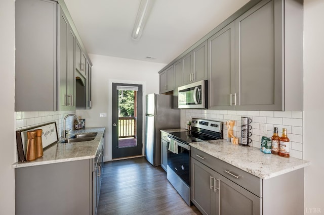 3043 Fulton St, Lynchburg, VA 24501 - kitchen with stainless steel appliances, gray cabinetry, dark wood finished floors, backsplash, and light stone counters