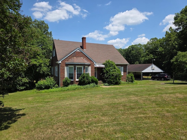 2224 Wildway Rd, Appomattox, VA 24522 - view of front of house with brick siding, a front yard, a chimney, and a carport