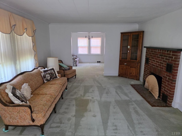 2224 Wildway Rd, Appomattox, VA 24522 - living area with crown molding, light colored carpet, a chandelier, and a brick fireplace