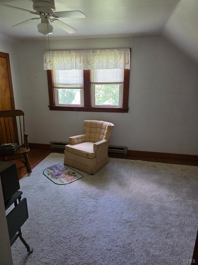 2224 Wildway Rd, Appomattox, VA 24522 - sitting room featuring baseboard heating, vaulted ceiling, ceiling fan, and carpet flooring