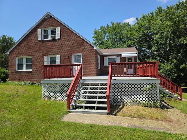2224 Wildway Rd, Appomattox, VA 24522 - rear view of house with stairs, brick siding, a lawn, and a deck