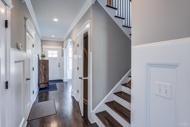 1659 Helmsdale Dr, Forest, VA 24551 - entryway with stairway, dark wood finished floors, crown molding, and recessed lighting