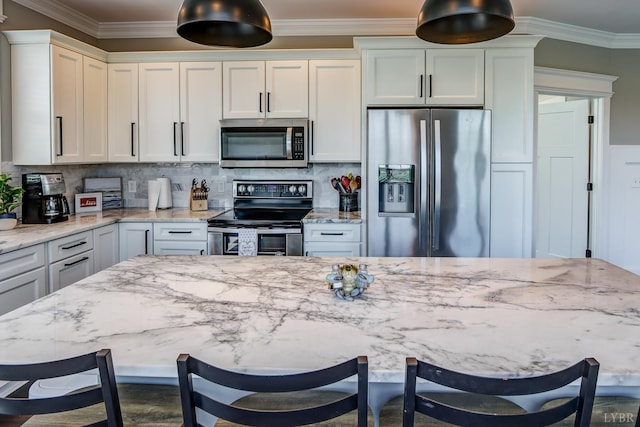 1659 Helmsdale Dr, Forest, VA 24551 - kitchen with appliances with stainless steel finishes, light stone countertops, tasteful backsplash, and crown molding