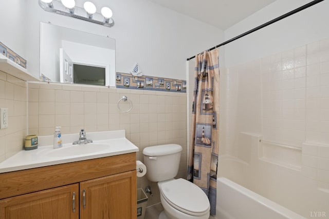 2398 Azalea Garden Rd, Norfolk, VA 23513 - bathroom featuring tile walls, vanity, shower / tub combo with curtain, and wainscoting