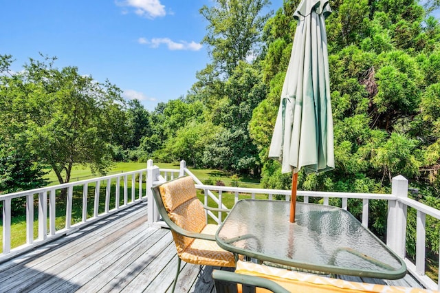723 Custer Dr, Lynchburg, VA 24502 - wooden terrace featuring outdoor dining space, view of wooded area, and a lawn