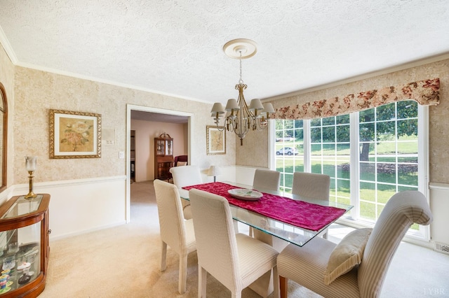 723 Custer Dr, Lynchburg, VA 24502 - dining area featuring crown molding, healthy amount of natural light, a chandelier, light colored carpet, and wallpapered walls