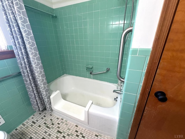 149 Powtan Dr, Lynchburg, VA 24502 - full bath with tile patterned floors, shower / bathtub combination with curtain, and tile walls