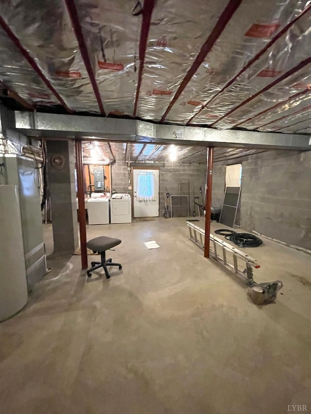 1102 Smith St, Bedford, VA 24523 - below grade area with washing machine and dryer, concrete block wall, electric panel, and water heater