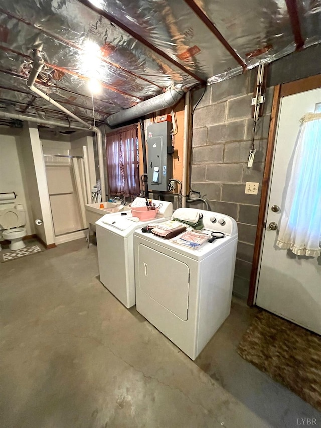 1102 Smith St, Bedford, VA 24523 - laundry area featuring electric panel, separate washer and dryer, and concrete block wall