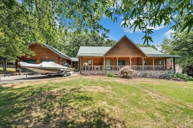 265 Shedd Ln, Hardy, VA 24101 - rear view of house with a porch, a standing seam roof, a lawn, a metal roof, and log exterior