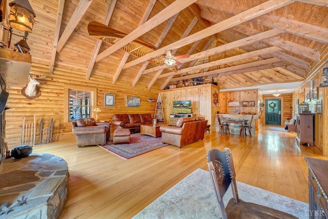 265 Shedd Ln, Hardy, VA 24101 - living area featuring a wooden ceiling with exposed beams, high vaulted ceiling, hardwood / wood-style flooring, and healthy amount of natural light