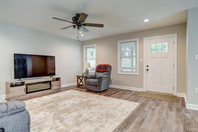 199 Dunivan Dr, Rustburg, VA 24588 - living room featuring wood finished floors, plenty of natural light, a ceiling fan, and recessed lighting