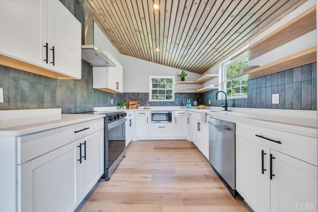 614 7th St, Lynchburg, VA 24504 - kitchen featuring open shelves, appliances with stainless steel finishes, wall chimney range hood, wood ceiling, and white cabinets