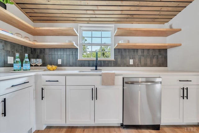 614 7th St, Lynchburg, VA 24504 - kitchen with open shelves, stainless steel dishwasher, white cabinets, and wooden ceiling