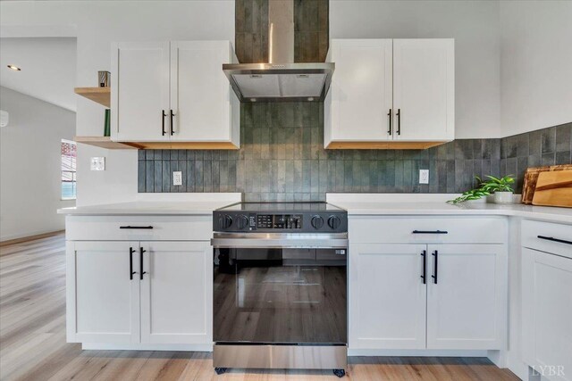 614 7th St, Lynchburg, VA 24504 - kitchen with electric stove, wall chimney exhaust hood, white cabinetry, and open shelves