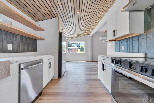 614 7th St, Lynchburg, VA 24504 - kitchen featuring open shelves, stove, stainless steel dishwasher, ventilation hood, and vaulted ceiling
