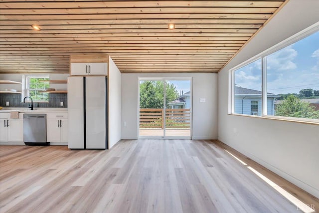 614 7th St, Lynchburg, VA 24504 - unfurnished living room with wooden ceiling, healthy amount of natural light, vaulted ceiling, and light wood-style floors