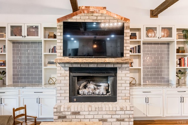 2045 Campbell Hwy, Rustburg, VA 24588 - living room featuring beam ceiling and a brick fireplace