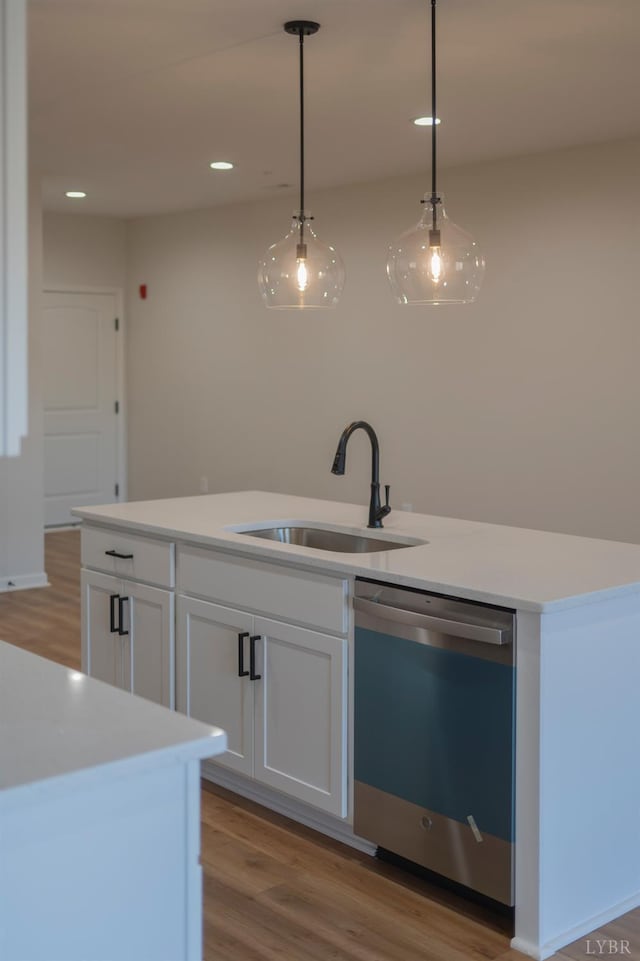 128 Brenleigh Ct Unit 101, Lynchburg, VA 24501 - kitchen with dishwasher, light wood-style floors, white cabinetry, decorative light fixtures, and recessed lighting