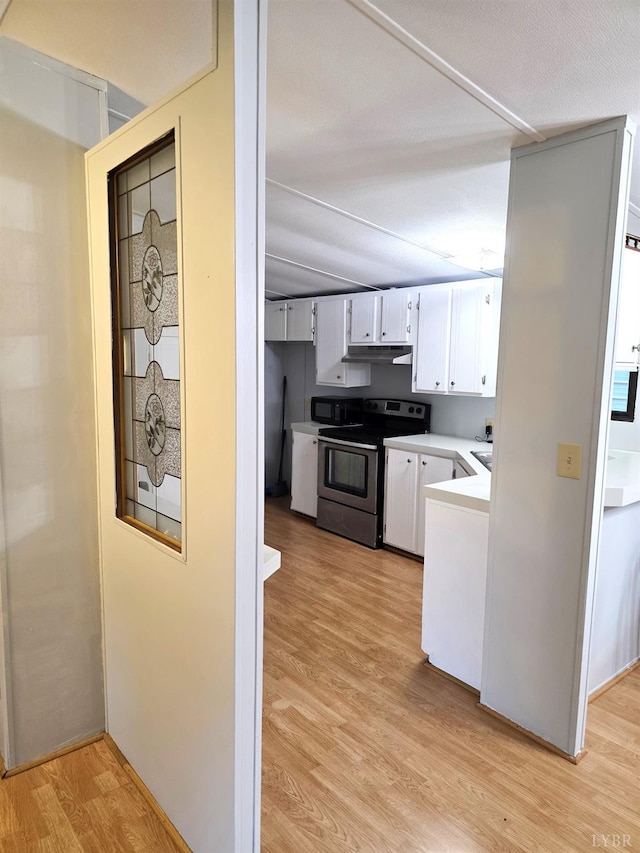 271 Candlemakers Ln, Rustburg, VA 24588 - kitchen with stainless steel range with electric cooktop, under cabinet range hood, light wood-type flooring, light countertops, and black microwave