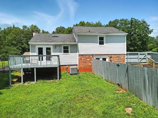 2824 Hawkins Mill Rd, Lynchburg, VA 24502 - back of house with a wooden deck, french doors, a fenced backyard, a chimney, and a shingled roof