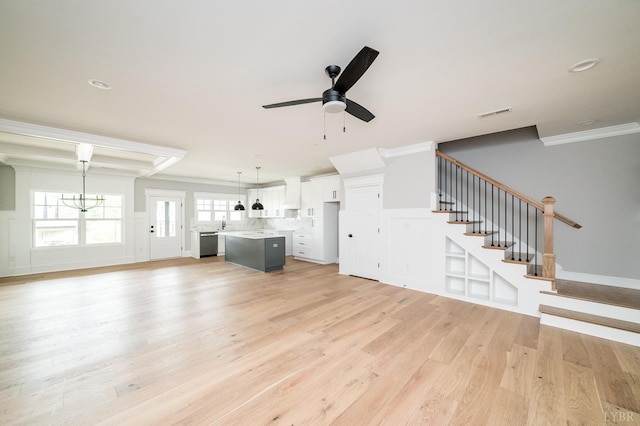 87 S Westyn Loop, Forest, VA 24551 - unfurnished living room featuring ornamental molding, light wood-style flooring, a ceiling fan, and stairway