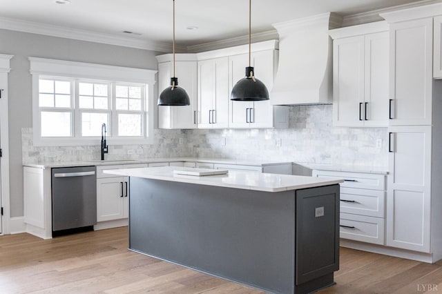 87 S Westyn Loop, Forest, VA 24551 - kitchen with stainless steel dishwasher, decorative backsplash, premium range hood, white cabinets, and ornamental molding
