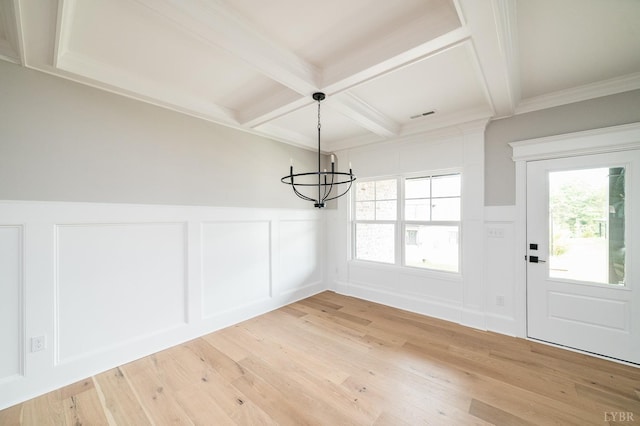 87 S Westyn Loop, Forest, VA 24551 - unfurnished dining area with a decorative wall, coffered ceiling, a chandelier, beam ceiling, and light wood-type flooring