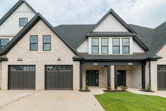 87 S Westyn Loop, Forest, VA 24551 - view of front of house with board and batten siding, driveway, a shingled roof, stone siding, and a front yard