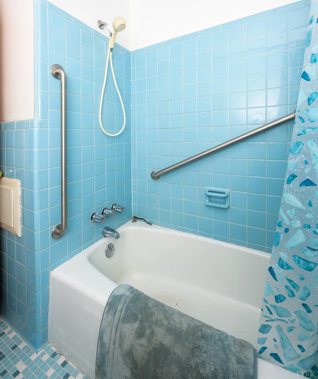 625 Sherman Dr, Lynchburg, VA 24502 - bathroom with shower / bath combo, tile walls, and tile patterned flooring